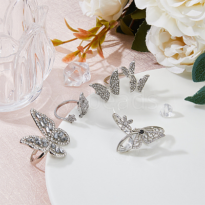 4Pcs 4 Style Rhinestone Butterfly Open Cuff Rings Set RJEW-FI0001-14-1