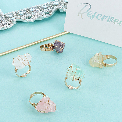 5Pcs 5 Styles Natural Yellow Quartz & Fluorite & Rose Quartz & Amethyst & Quartz Crystal Adjustable Finger Rings RJEW-FG0001-02-1
