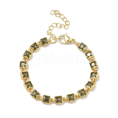 Square Brass Pave Cubic Zirconia Link Chain Bracelets for Women BJEW-P385-04G-02-1