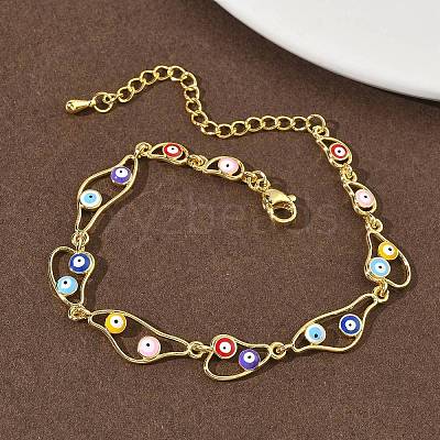 Brass Enamel Flat Round Evil Eye Link Chain Bracelets for Women BJEW-G764-01G-1