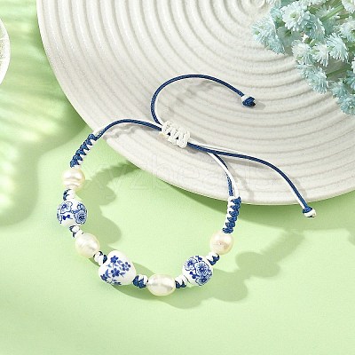 Adjustable Handmade Chinoiserie Floral Printed Porcelain Heart Beads & Natural Pearl Braided Bead Bracelets for Women BJEW-JB14209-1