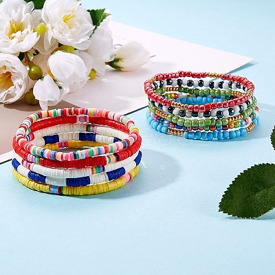10Pcs 10 Style Handmade Polymer Clay Heishi Surfer Stretch Bracelets Set BJEW-SW00048-1