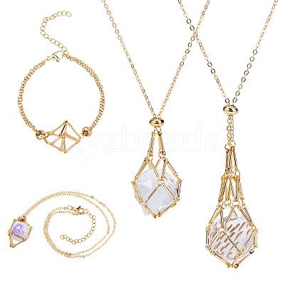 4Pcs 4 Styles Brass Braided Macrame Pouch Empty Stone Holder Bracelet Making & Necklaces Making Set for Women SJEW-DC00001-1
