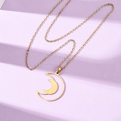 304 Stainless Steel Double Hollow Moon Pendant Cable Chain Necklaces for Men Women NJEW-K308-01E-G-1