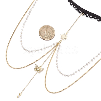 Brass Clear Cubic Zirconia Layered Sun Butterfly Tassel Thigh Leg Chains AJEW-AN00638-1