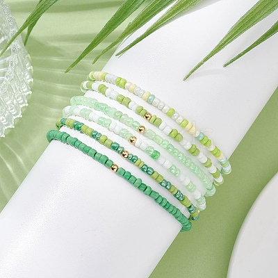 6Pcs Glass Seed & Brass Beaded Stretch Bracelets Set BJEW-JB09538-02-1