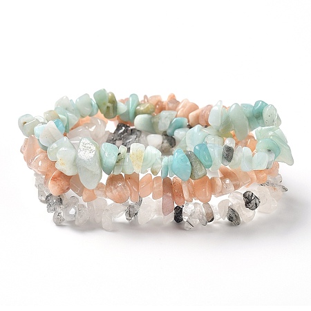 Chips Natural Rutilated Quartz & Flower Amazonite & Sunstone Beaded Stretch Bracelets Sets X-BJEW-JB05332-06-1