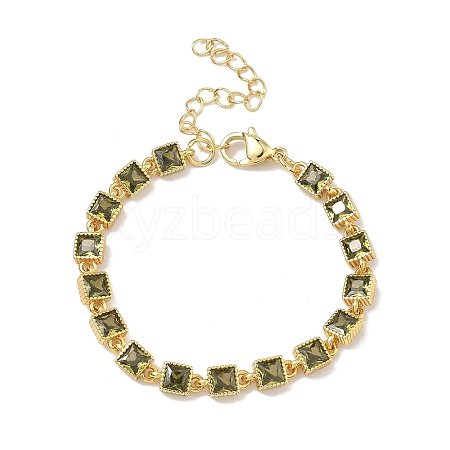 Square Brass Pave Cubic Zirconia Link Chain Bracelets for Women BJEW-P385-04G-02-1