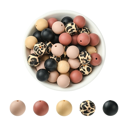 50Pcs 5 Styles Round Silicone Focal Beads SIL-YW0001-34A-1