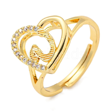 Heart with Letter Rack Plating Brass Micro Pave Cubic Zirconia Adjustable Rings for Women RJEW-I105-06G-U-1