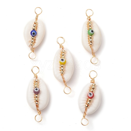 Natural Cowrie Shell & Handmade Evil Eye Lampwork Connetctor Charms PALLOY-JF02664-01-1