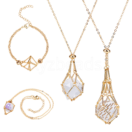 4Pcs 4 Styles Brass Braided Macrame Pouch Empty Stone Holder Bracelet Making & Necklaces Making Set for Women SJEW-DC00001-1