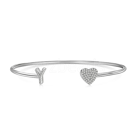 Anti-Tarnish Heart & Letter Rhodium Plated 925 Sterling Silver Micro Pave Cubic Zirconia Cuff Bangles for Women BJEW-C062-01Y-P-1