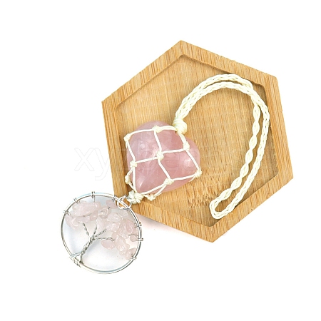 Natural Rose Quartz Heart Woven Pouch Hanging Ornaments PW-WG76163-08-1