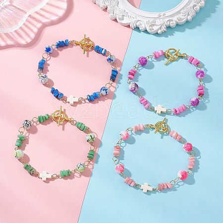 Glass & Natural Freshwater Shell Beaded Link Chain Bracelets BJEW-JB13393-1