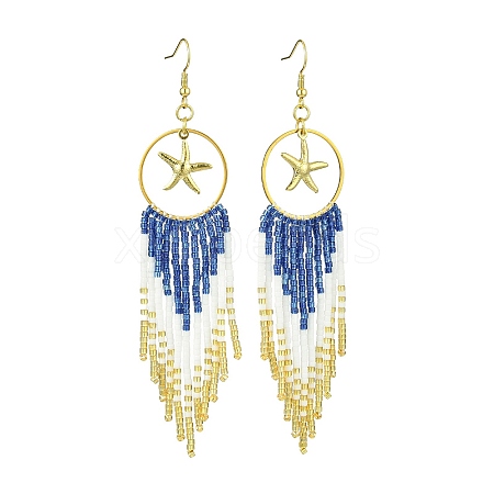 Ring with Starfish Tassel Glass Seed with Brass Dangle Earrings EJEW-MZ00145-1
