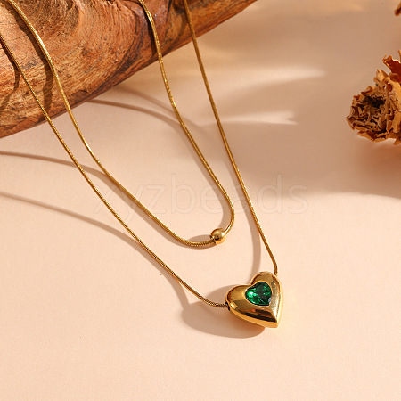 304 Stainless Steel Pave Dark Green Cubic Zirconia Heart Pendant Double Layer Necklaces for Women WGED4DB-03-1