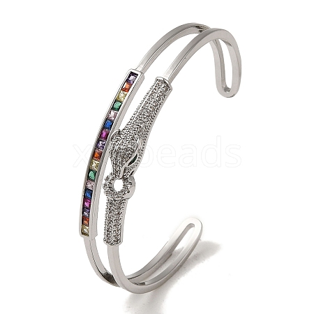 Brass Pave Colorful Cubic Zirconia Leopard Open Cuff Bangle for Women BJEW-K246-22C-P-1