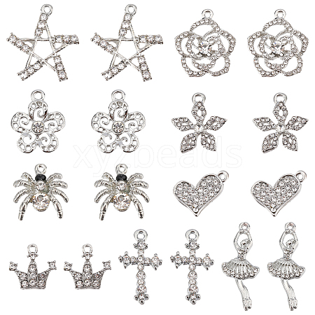 SUPERFINDINGS 36Pcs 9 Styles Alloy Rhinestone Pendants ALRI-FH0001-09-1