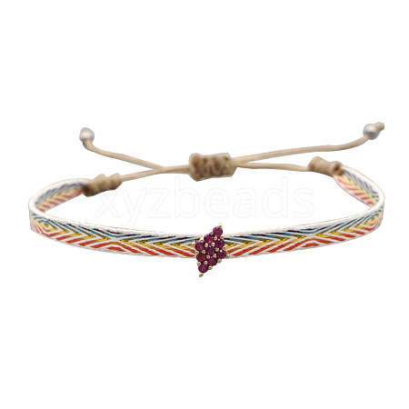 Vintage Bohemian Cotton Cord Braided Bracelets with Brass Micro Pave Hot Pink Cubic Zirconia Rhombus Beads HL6263-24-1