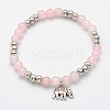 Natural Rose Quartz Beaded Elephant Charm Stretch Bracelets BJEW-JB01974-01-1