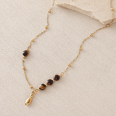 European Faceted Natural Tiger Eye 304 Stainless Steel Alphabet Pendant Necklaces QN9691-9-1