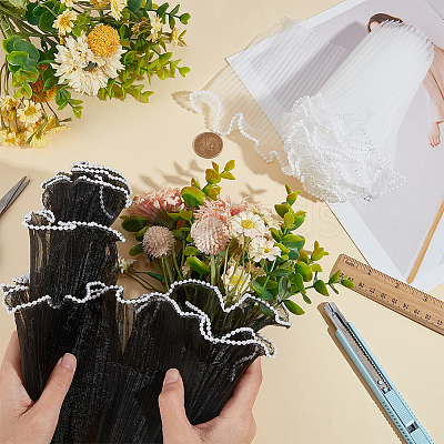 2Pcs 2 Colors Polyester Pleated Ribbon with Plastic Imitation Pearl Edged Trimming OCOR-BC0006-46-1