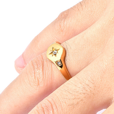 Flat Round with Star Pattern 304 Stainless Steel Micro Pave Clear Cubic Zirconia Finger Rings FS-WG7CEF6-03-1