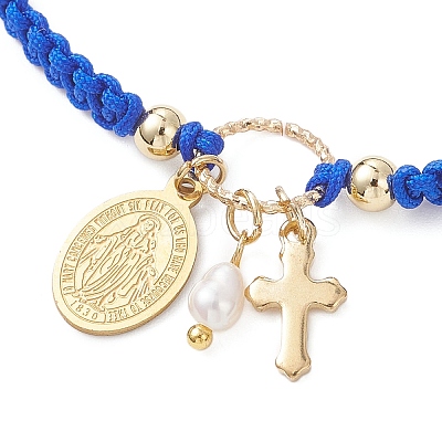 Oval with Virgin Mary & Cross 304 Stainless Steel & Natural Freshwater Pearl Charm Bracelets BJEW-JB12928-01-1