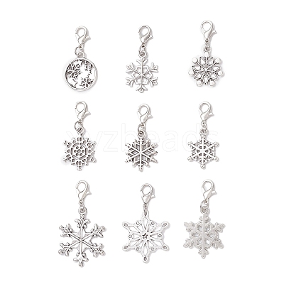 9Pcs Christmas Alloy Snowflake Pendant Decorations HJEW-JM04451-1