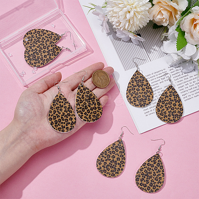 4 Pairs Artificial Leather Teardrop with Leopard Print Dangle Earrings EJEW-UN0002-92B-1