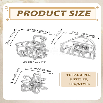 3Pcs 3 Styles Metal Hollow Claw Hair Clips OHAR-LP0001-21P-1