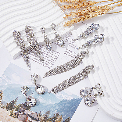 6 Pairs 6 Style Alloy Rhinestone Teardrop Dangle Clip-on Earrings EJEW-FI0002-91-1