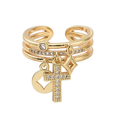 Clear Cubic Zirconia Cross & Coin & Star Charms Open Ring RJEW-P032-31G-1