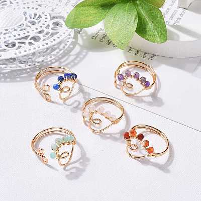 Heart Natural Mixed Stone Braided Bead Finger Rings RJEW-JR00529-1