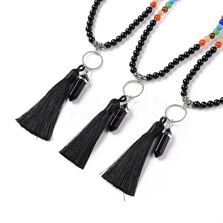 Natural Obsidian Bullet & Tassel Pendant Necklace with Mixed Gemstone Beaded Chains NJEW-E585-02A-1