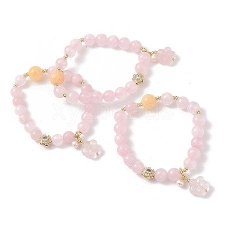 Round Natural Rose Quartz & Gemstone & Natural Freshwater Pearl Beaded Stretch Bracelets BJEW-C068-03G-1