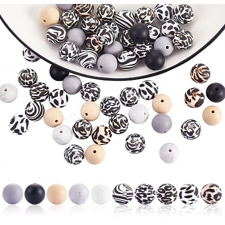 100Pcs 15mm Silicone Beads Cow Print Zebra Print Leopard Print Animal Print Silicone Beads Bulk for Keychain Bracelet Necklace DIY Crafting Making JX311A-1