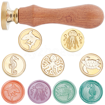 CRASPIRE 5 Styles Ocean Theme Golden Tone Brass Wax Seal Stamp Head AJEW-CP0007-50B-02-1