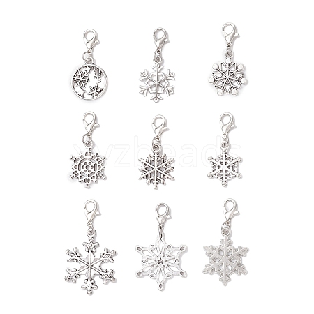 9Pcs Christmas Alloy Snowflake Pendant Decorations HJEW-JM04451-1