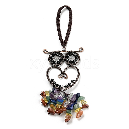 Wire Wrapped Brass Owl & Natural Obsidian Pendant Decoration HJEW-C006-01B-1