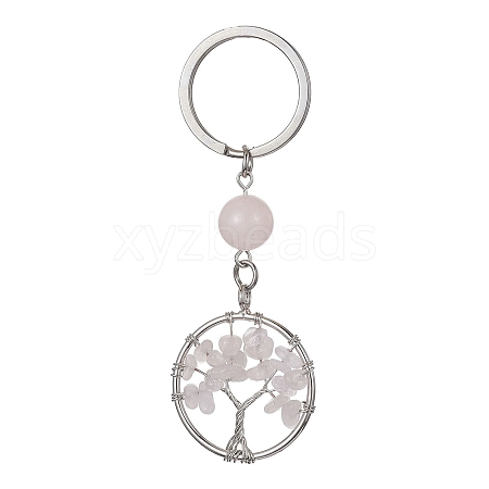 Natural Rose Quartz Chips Flat Round with Tree of Life Kcychain KEYC-JKC00563-02-1