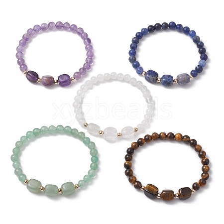 Natural & Synthetic Mixed Gemstone Cube & Round Beaded Stretch Bracelets BJEW-JB10807-1