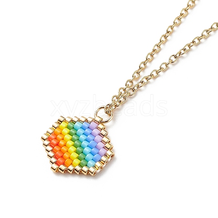 Rainbow Color Japanese Seed Braided Hexagon Pendant Necklace with 304 Stainless Steel Chains for Women NJEW-MZ00006-1