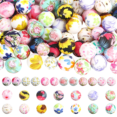 100Pcs 20 Colors Printed Round Silicone Focal Beads SIL-PA0001-41-1