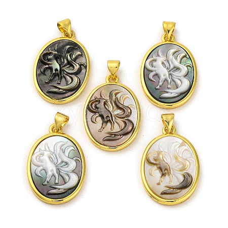 Natural Black Lip Shell Carved Nine Tailed Fox Pendants KK-D537-06G-03-1