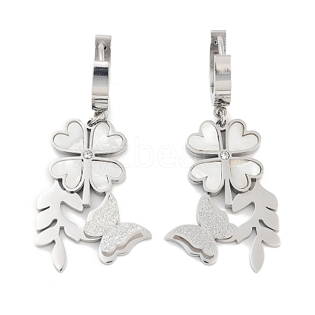 Clover & Texture Butterfly 304 Stainless Steel Shell Dangle Earrings EJEW-L283-075P-1