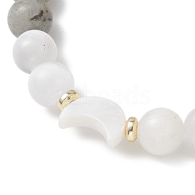Natural Selenite & Labradorite & Black Tourmaline & Shell Beaded Stretch Bracelets for Women X-BJEW-JB13084-1