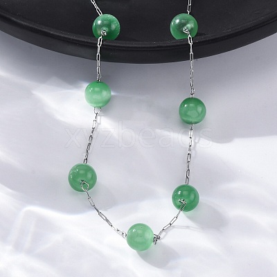 304 Stainless Steel Cat Eye Round Beads Handmade Chain Necklaces for Women NJEW-C073-01P-04-1