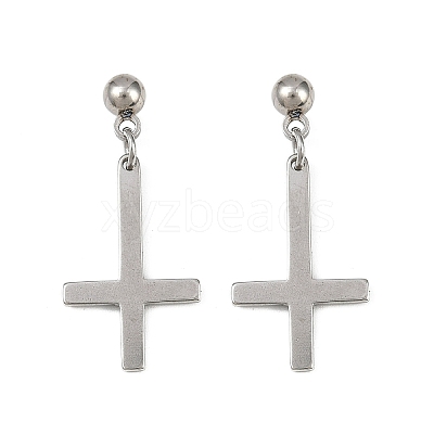 Christian Upside Down Cross 201 Stainless Steel Dangle Stud Earrings EJEW-P314-01A-P-1